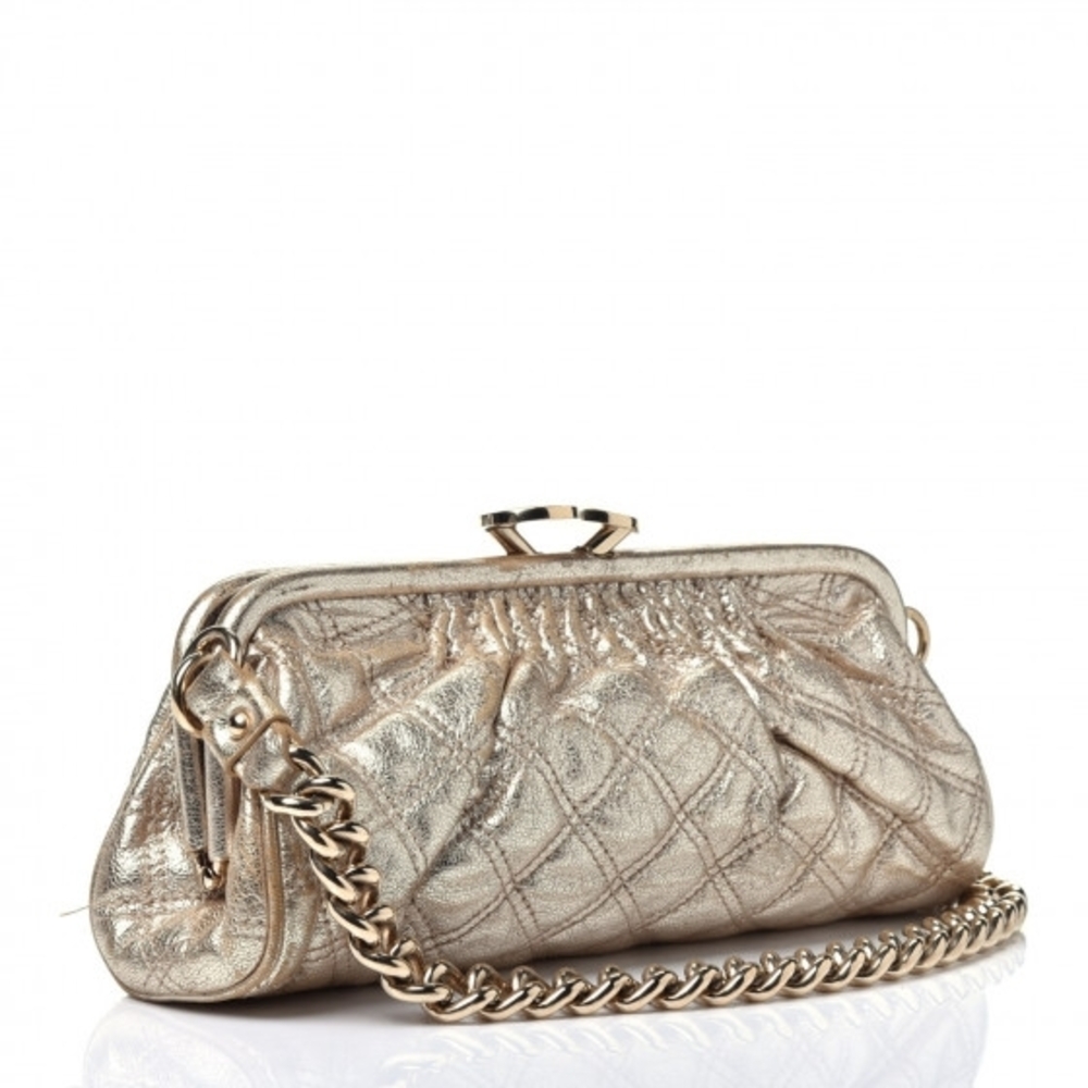 Marc Jacobs Metallic Calfskin Quilted Stam Clutch Gold Purse
